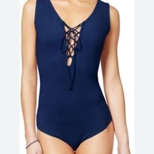 Say What? Navy Blue-Sleeveless Lace-Up Bodysuit-Size L-worn ONCE
